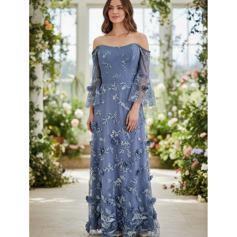 Off-Shoulder Blue Floral Appliqué Maxi Dress
